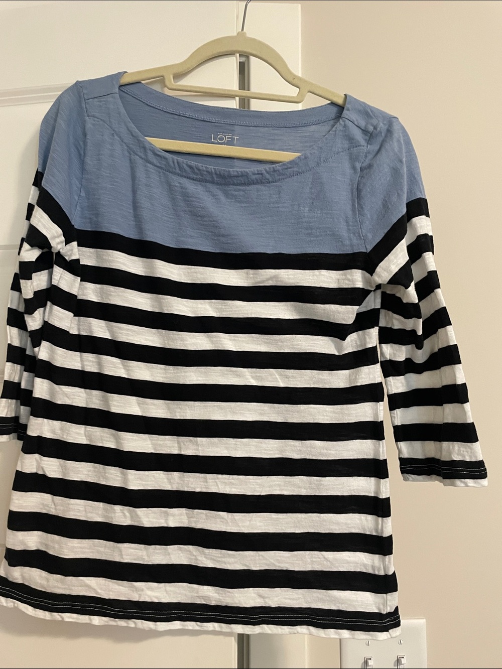 LOFT Light Blue Yoke Black and White Striped Long Sleeve Top